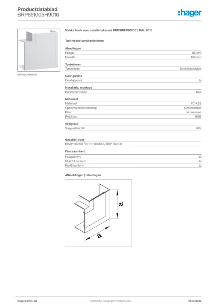 Afbeelding Hager Productdatablad BRP651005H9016 | Hager Belgium