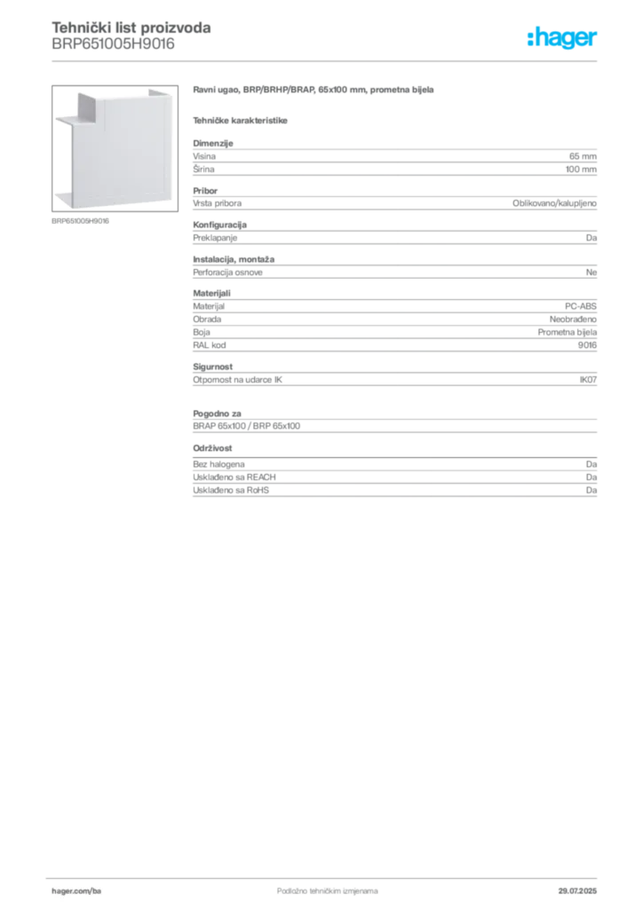 Slika Hager Product data sheet BRP651005H9016  | Hager