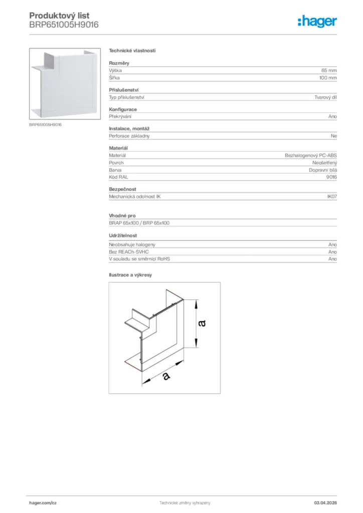 Obrázek Hager Product data sheet BRP651005H9016 | Hager