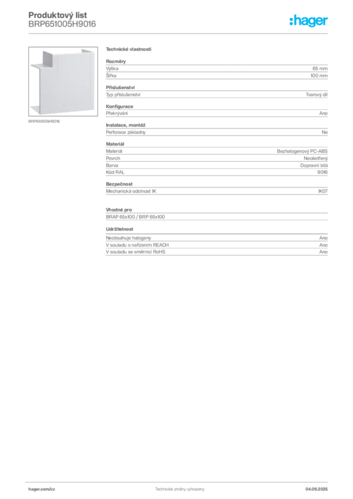Obrázek Hager Produktový list BRP651005H9016 | Hager