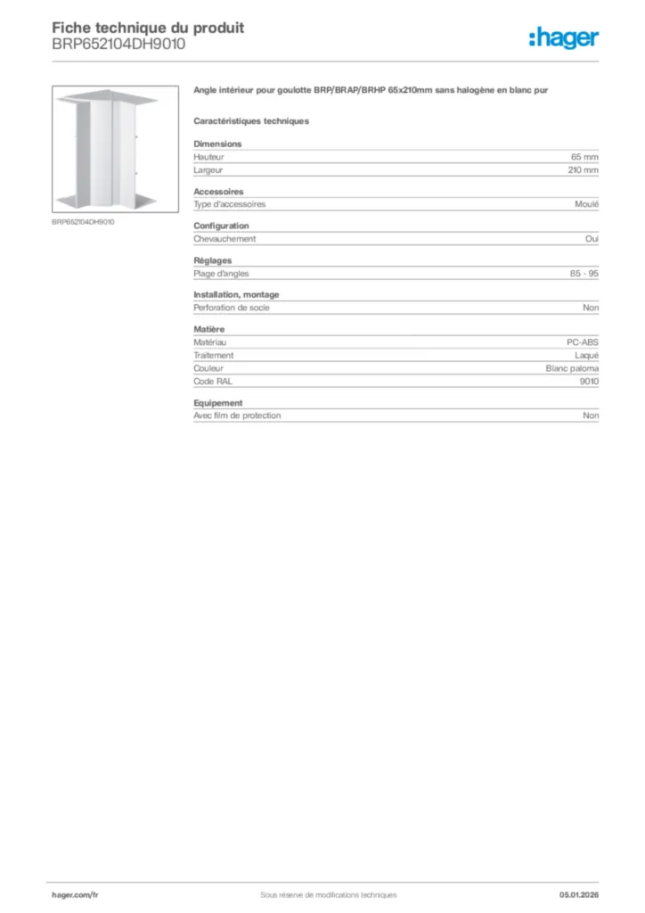 Image Hager Fiche technique du produit BRP652104DH9010 | Hager France