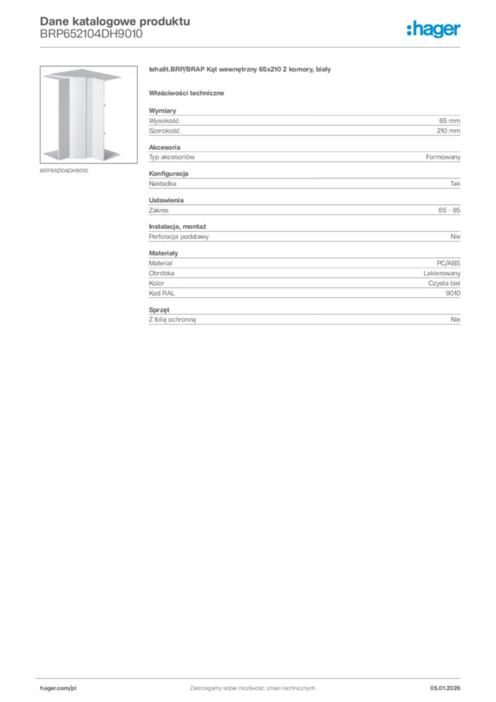 Zdjęcie Hager Karta katalogowa BRP652104DH9010 | Hager Polska
