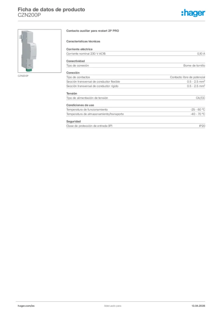 Imagen Hager Ficha de datos de producto CZN200P | Hager España