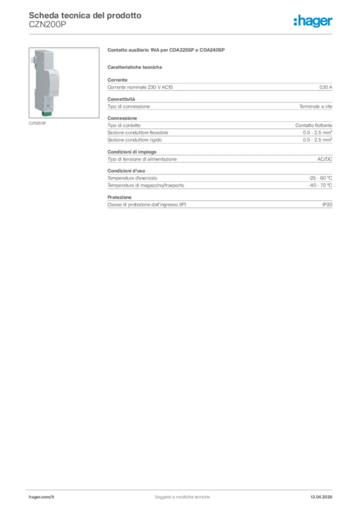 Immagine Hager Scheda tecnica del prodotto CZN200P | Hager Italia