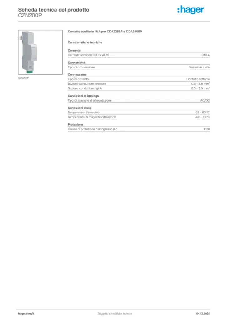 Immagine Hager Scheda tecnica del prodotto CZN200P | Hager Italia