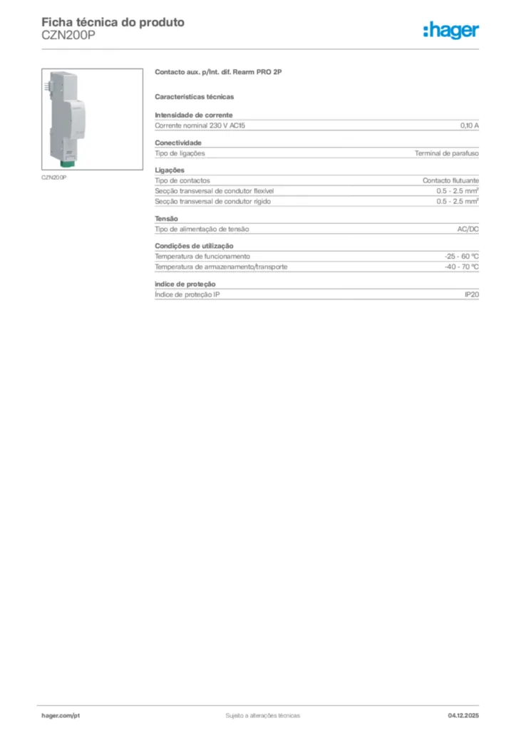 Imagem Hager Ficha técnica do produto CZN200P | Hager Portugal