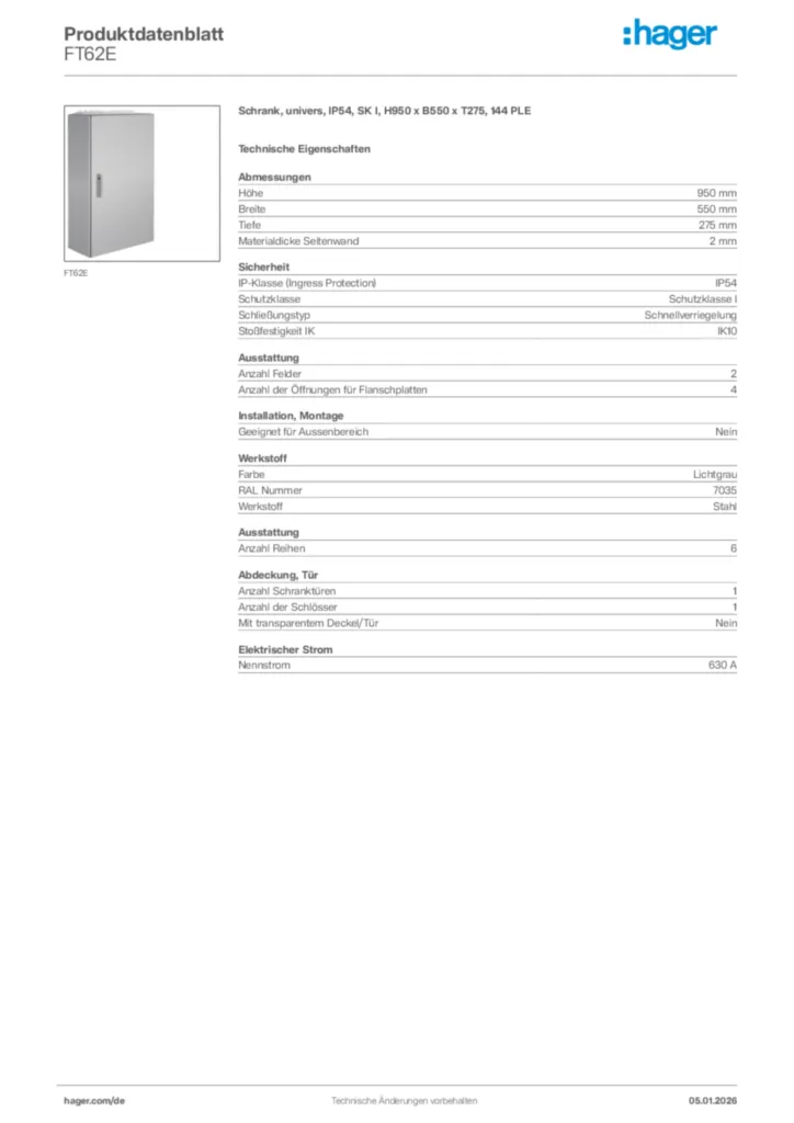 Bild Hager Produktdatenblatt FT62E | Hager Deutschland