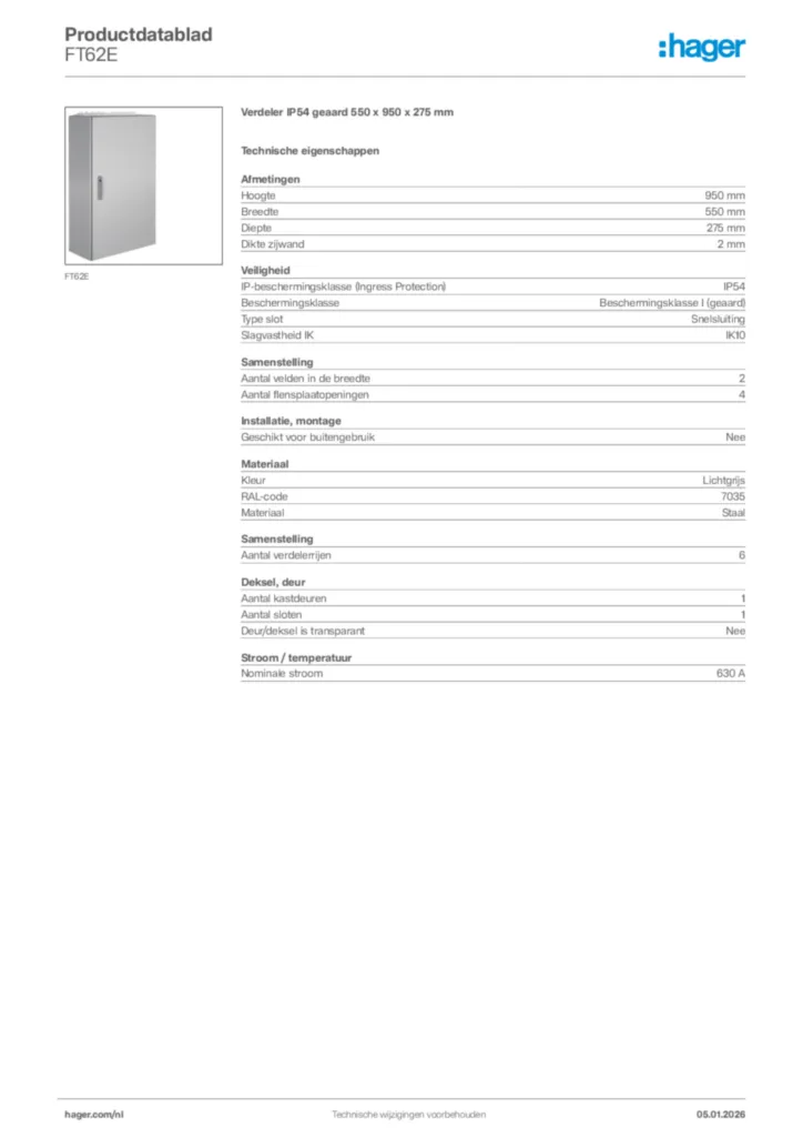 Afbeelding Hager Productdatablad FT62E | Hager Nederland