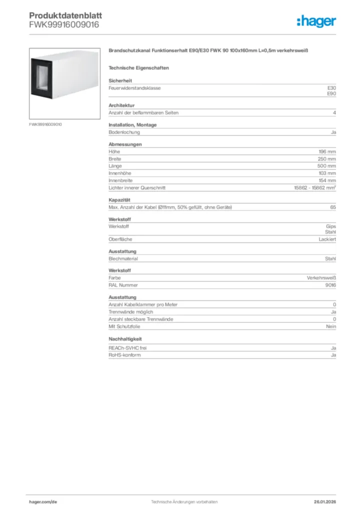 Hager Produktdatenblatt FWK99916009016