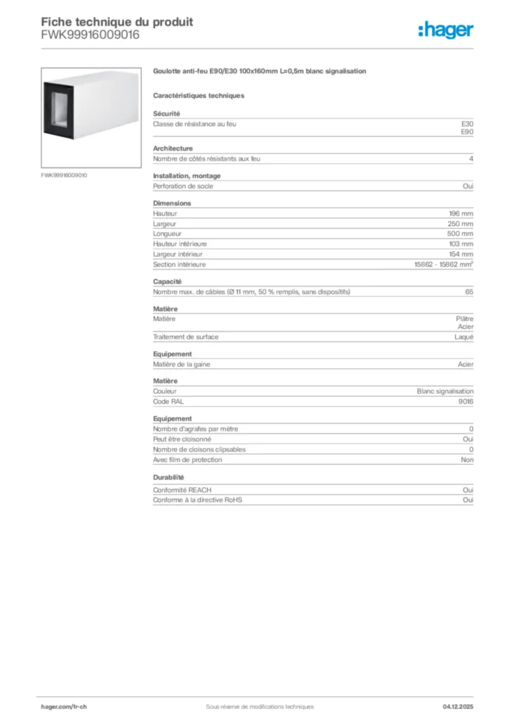 Image Hager Fiche technique du produit FWK99916009016 | Hager Suisse