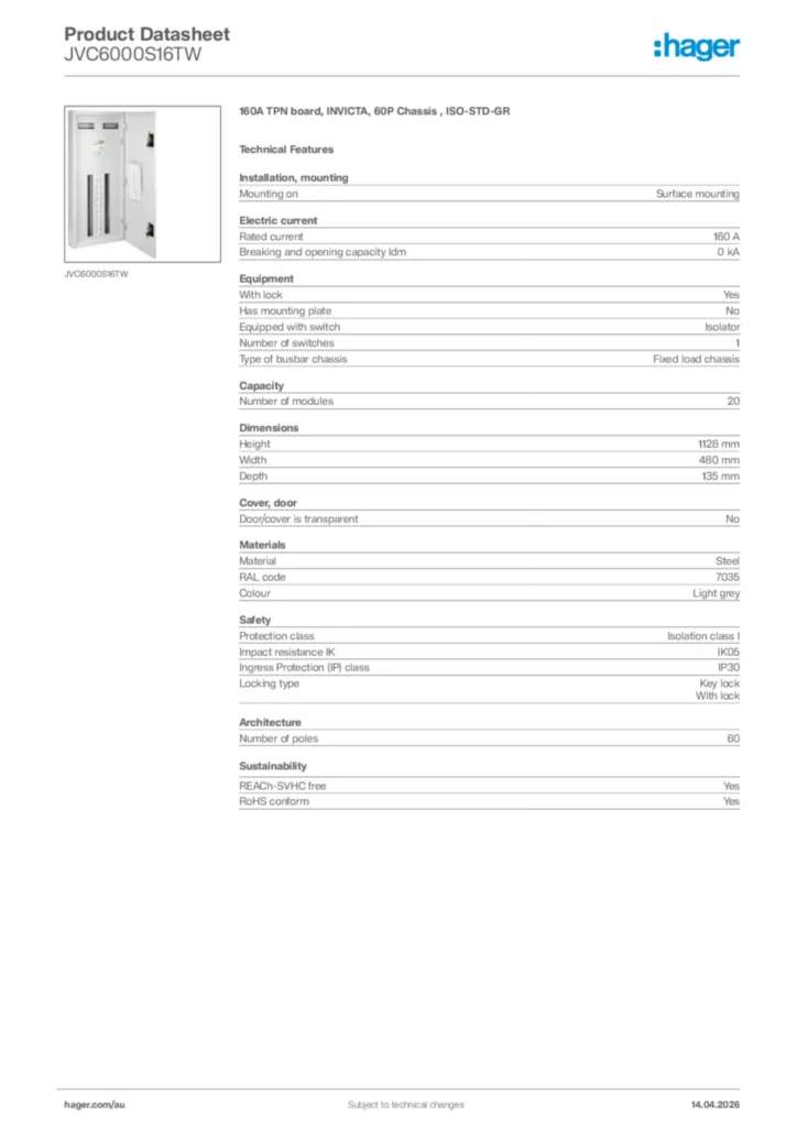 Image Hager Product data sheet JVC6000S16TW  | Hager Australia