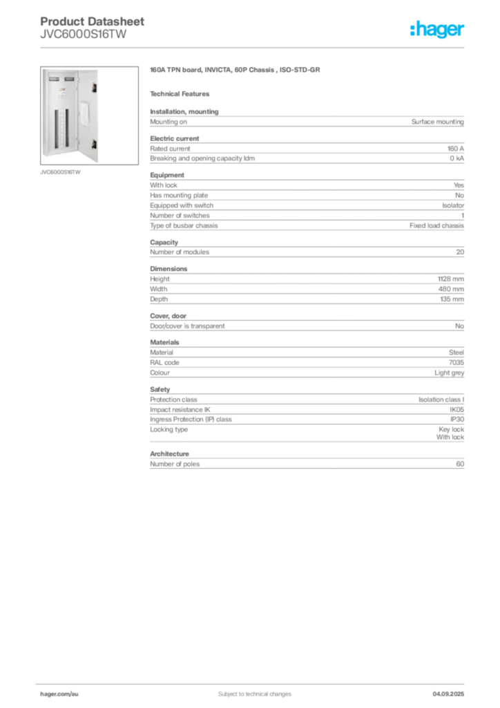 Image Hager Product data sheet JVC6000S16TW  | Hager Australia