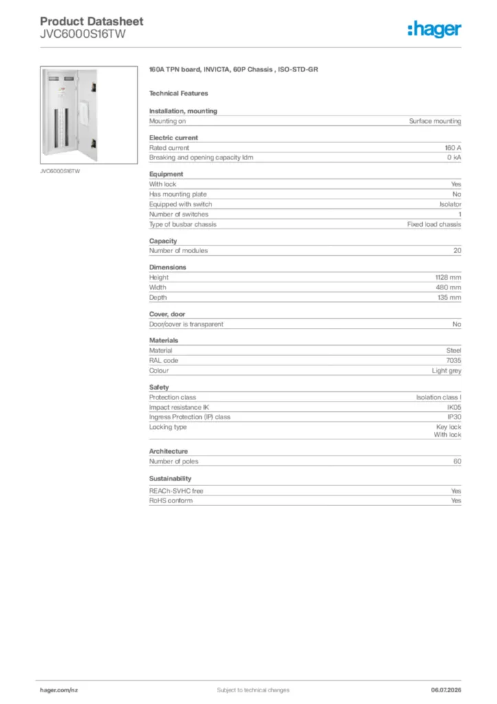 Image Hager Product data sheet JVC6000S16TW  | Hager New Zealand