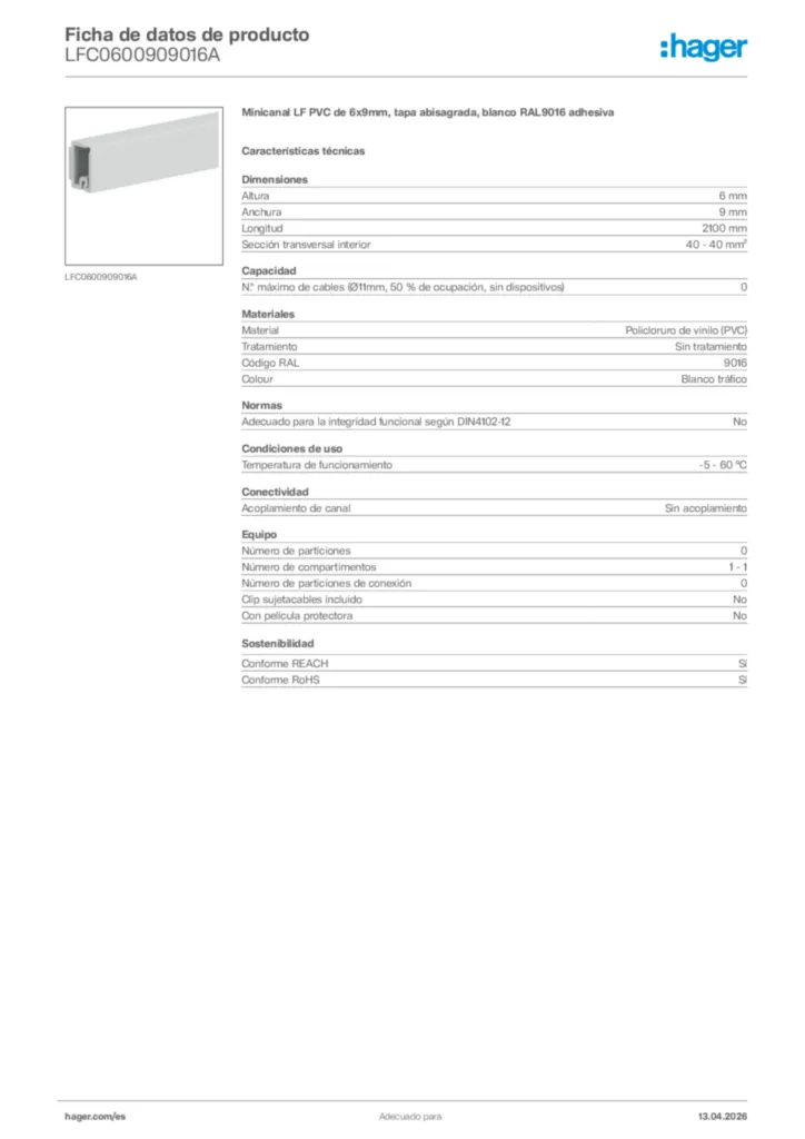 Imagen Hager Ficha de datos de producto LFC0600909016A | Hager España
