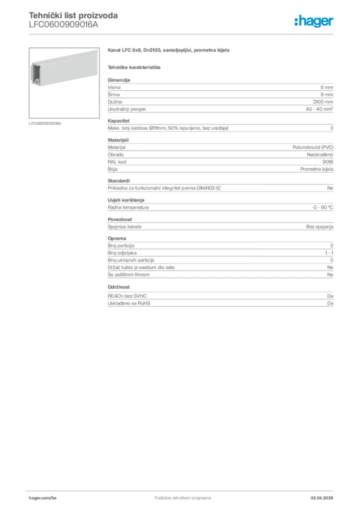 Slika Hager Tehnički list proizvoda LFC0600909016A  | Hager