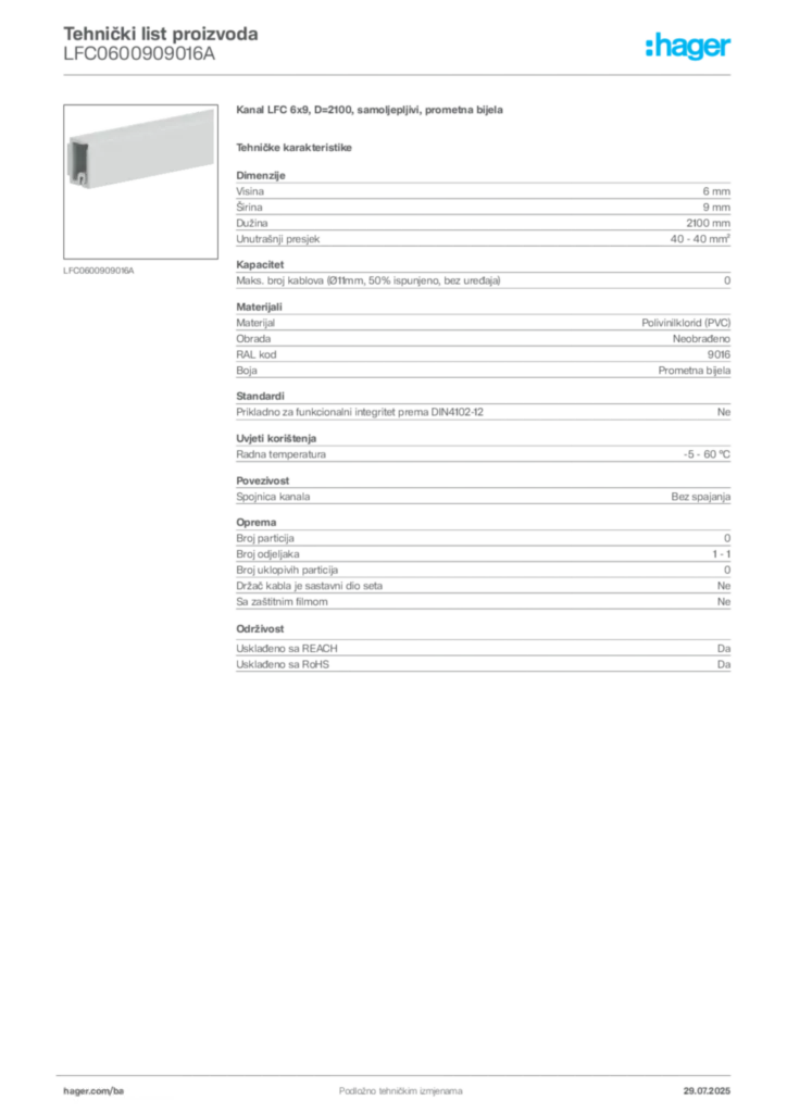 Slika Hager Product data sheet LFC0600909016A  | Hager