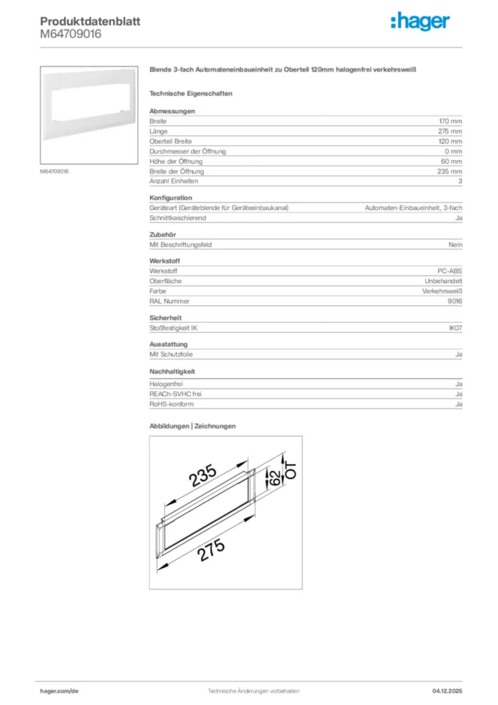 Bild Hager Produktdatenblatt M64709016 | Hager Deutschland