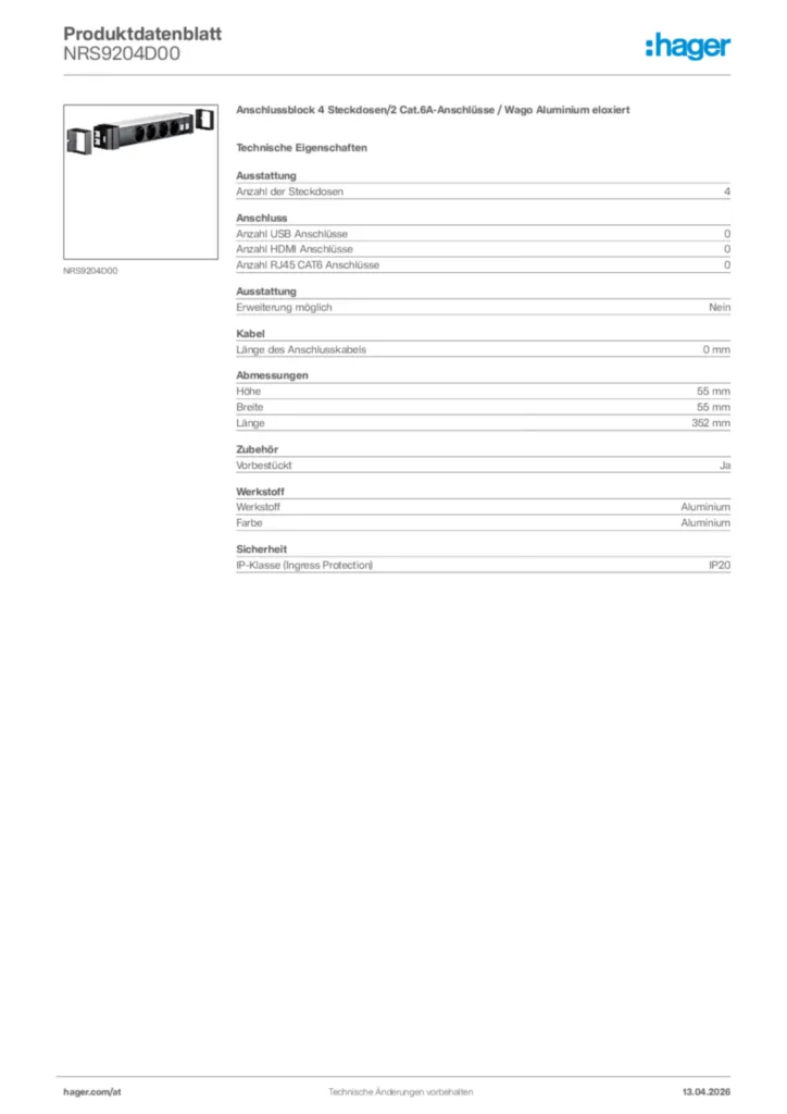 Bild Hager Produktdatenblatt NRS9204D00 | Hager Deutschland