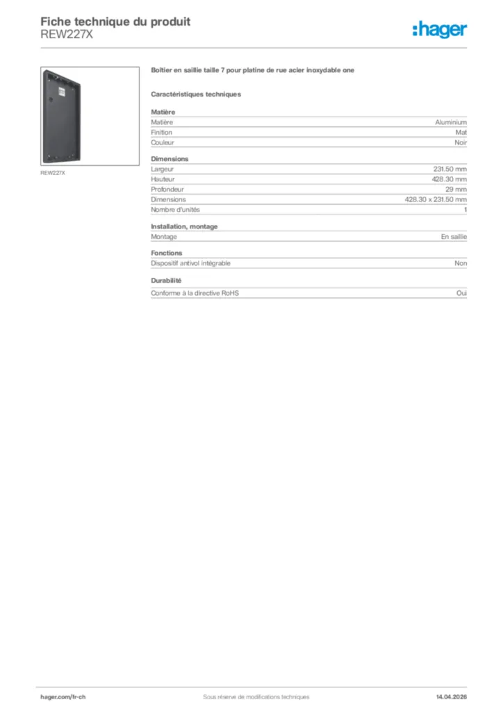 Image Hager Fiche technique du produit REW227X | Hager Suisse