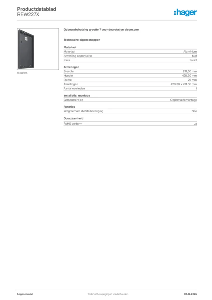 Afbeelding Hager Productdatablad REW227X | Hager Nederland