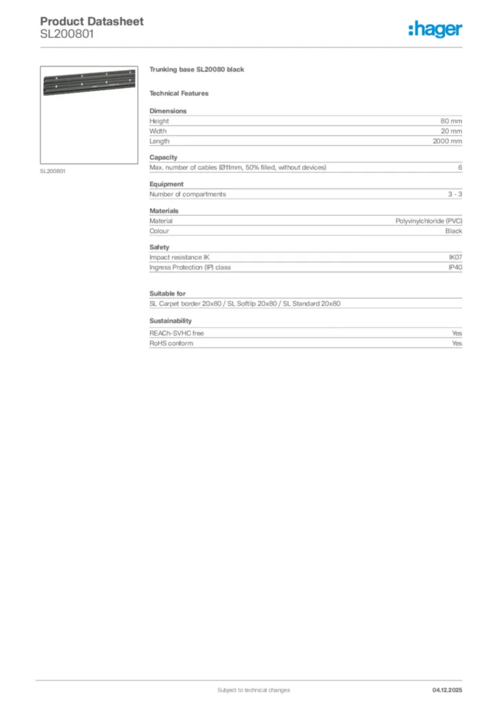 Image Hager Product data sheet SL200801  | Hager Africa