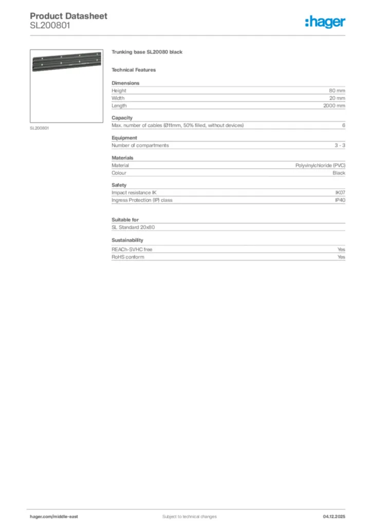Image Hager Product data sheet SL200801  | Hager