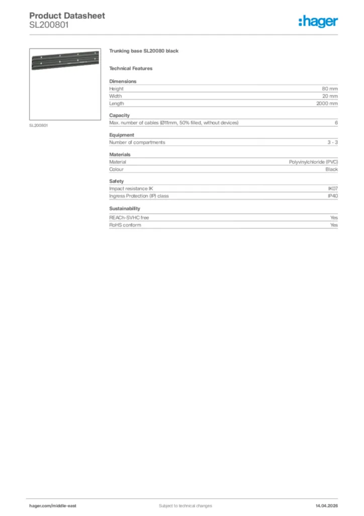 Image Hager Product data sheet SL200801  | Hager