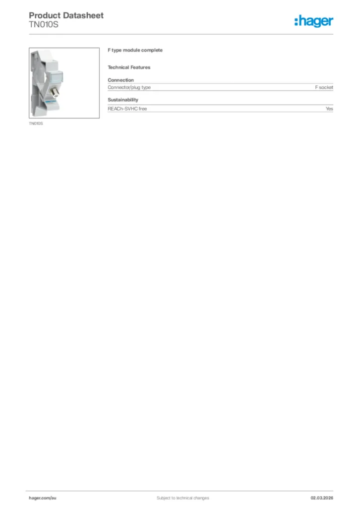 Image Hager Product data sheet TN010S  | Hager Australia