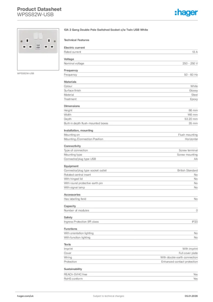 Image Hager Product data sheet WPSS82W-USB  | Hager