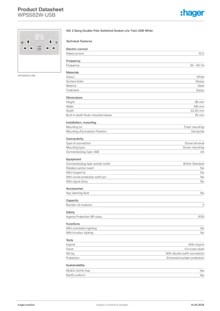 Image Hager Product data sheet WPSS82W-USB  | Hager