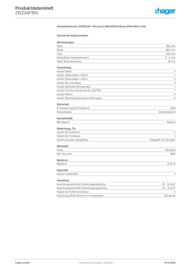 Bild Hager Produktdatenblatt ZB234F19S | Hager Deutschland