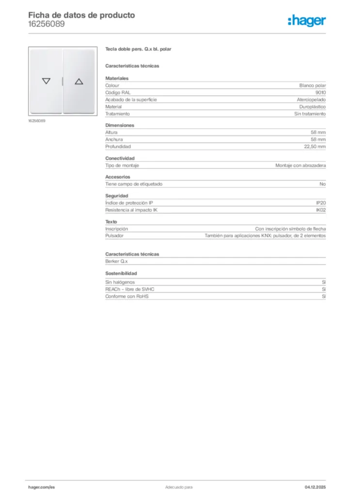 Imagen Hager Ficha de datos de producto 16256089 | Hager España