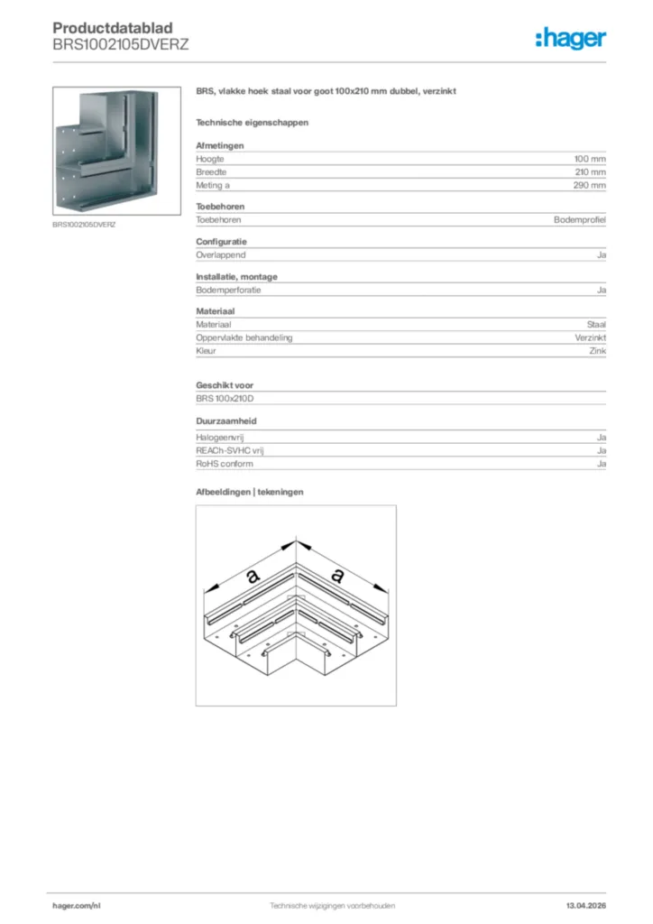 Afbeelding Hager Productdatablad BRS1002105DVERZ | Hager Nederland