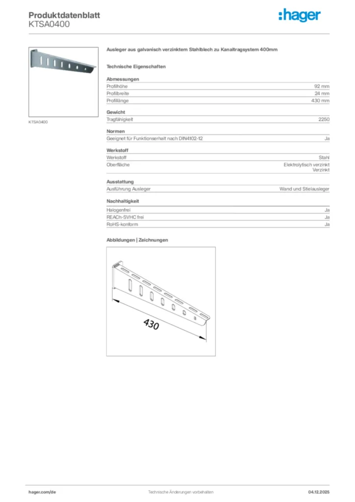 Hager Produktdatenblatt KTSA0400
