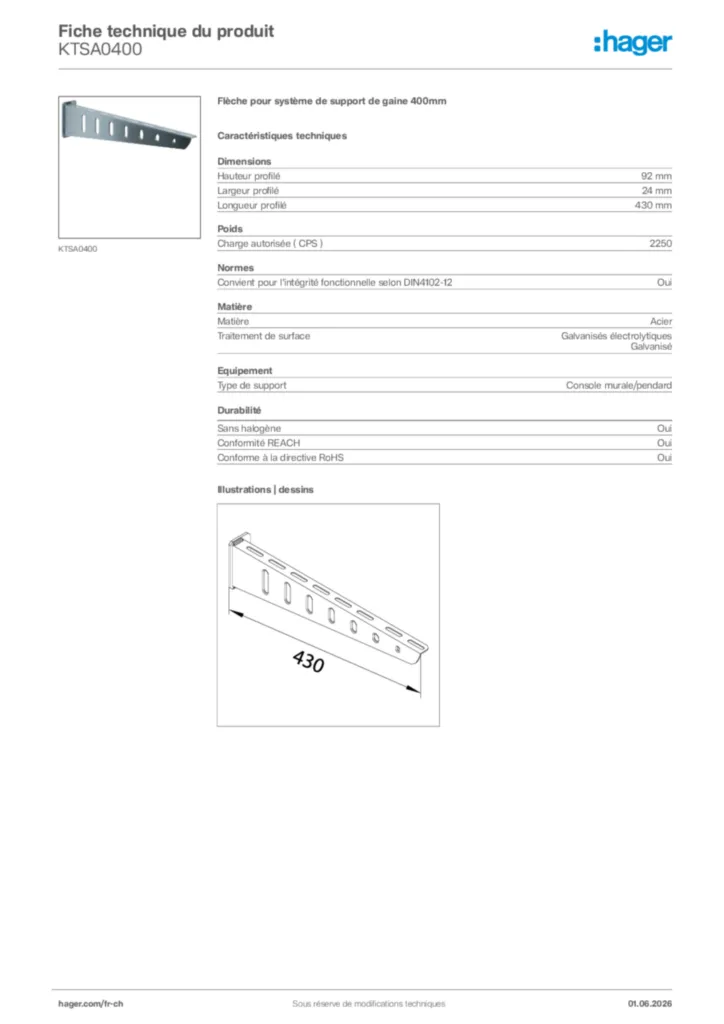 Image Hager Fiche technique du produit KTSA0400 | Hager Suisse