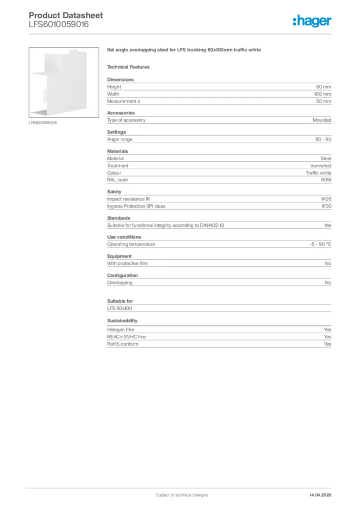 Image Hager Product data sheet LFS6010059016  | Hager Africa