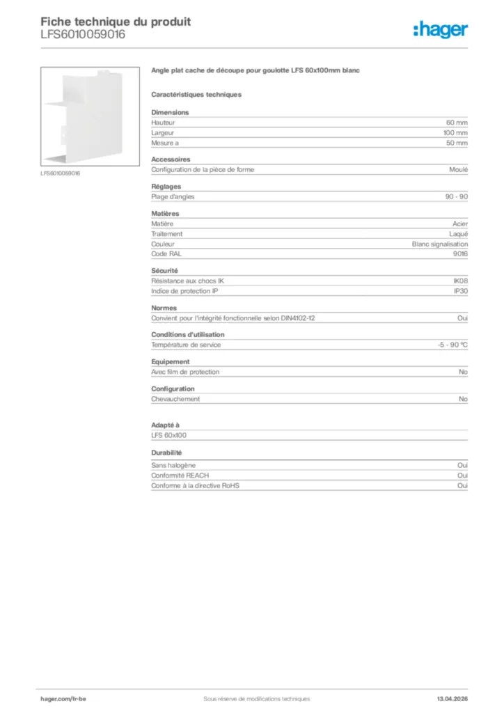 Image Hager Fiche technique du produit LFS6010059016 | Hager Belgique