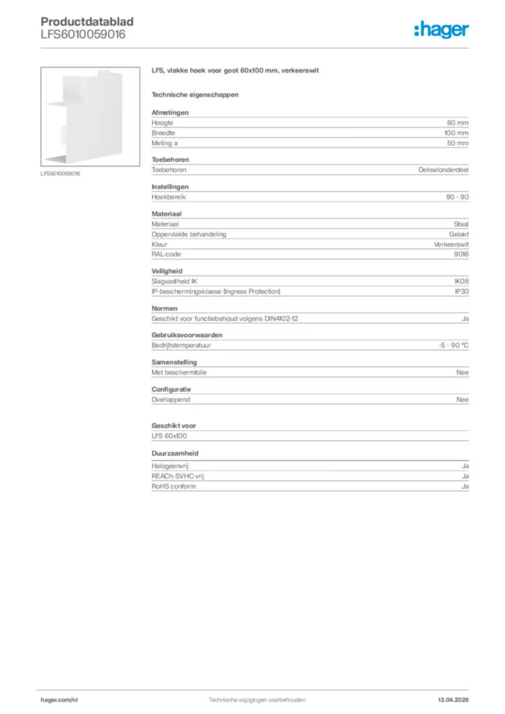 Afbeelding Hager Productdatablad LFS6010059016 | Hager Nederland