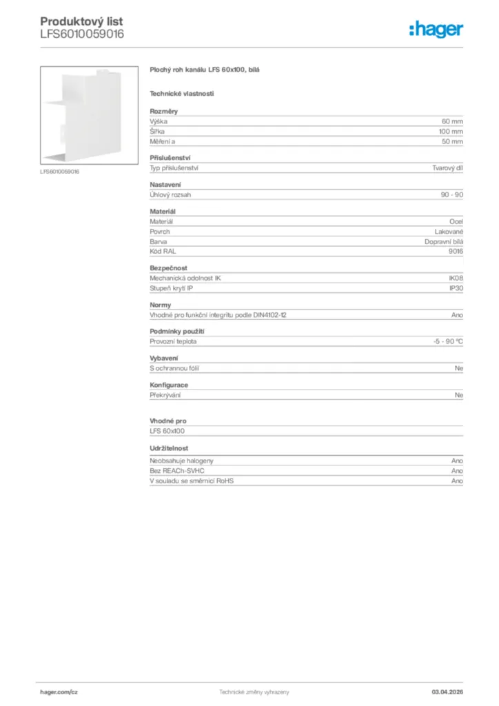 Obrázek Hager Product data sheet LFS6010059016 | Hager