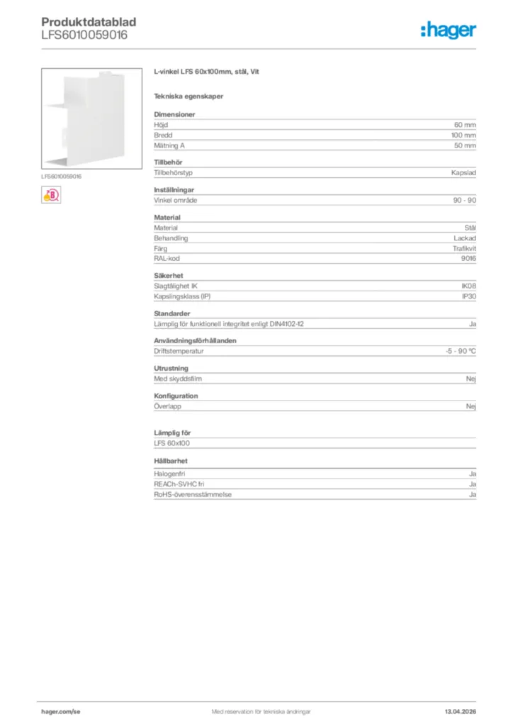 Bild Hager Produktdatablad LFS6010059016 | Hager Sverige