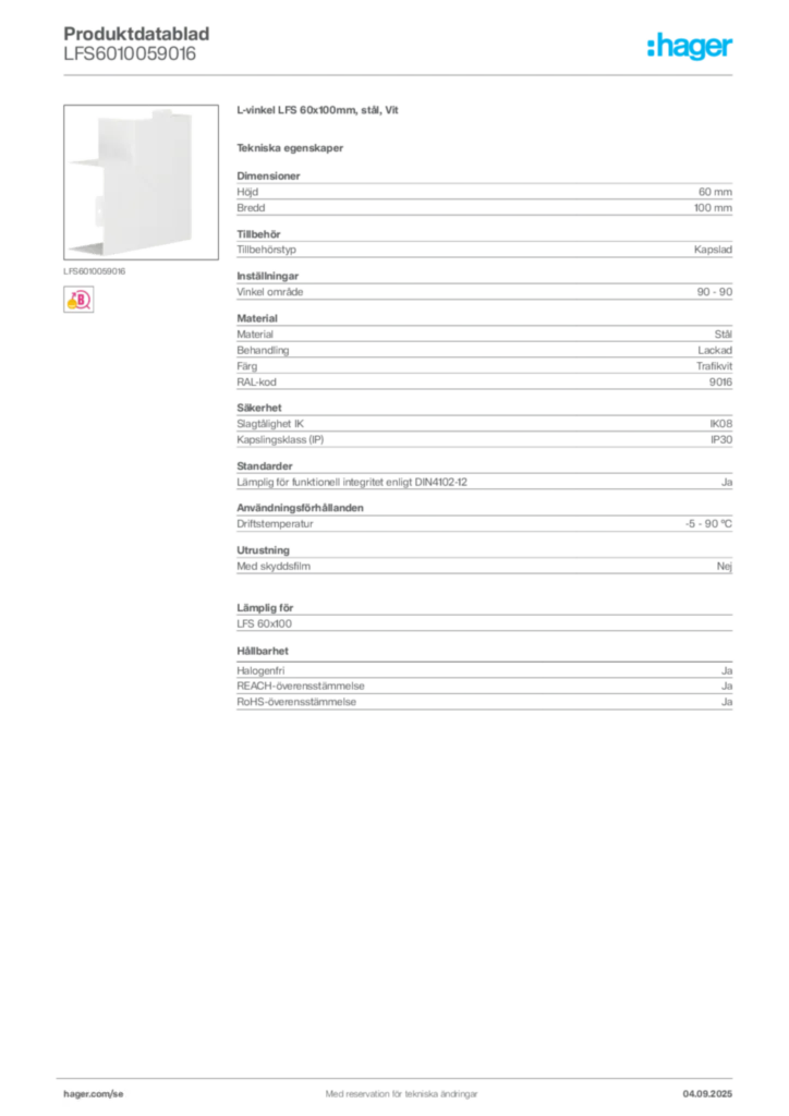 Bild Hager Produktdatablad LFS6010059016 | Hager Sverige