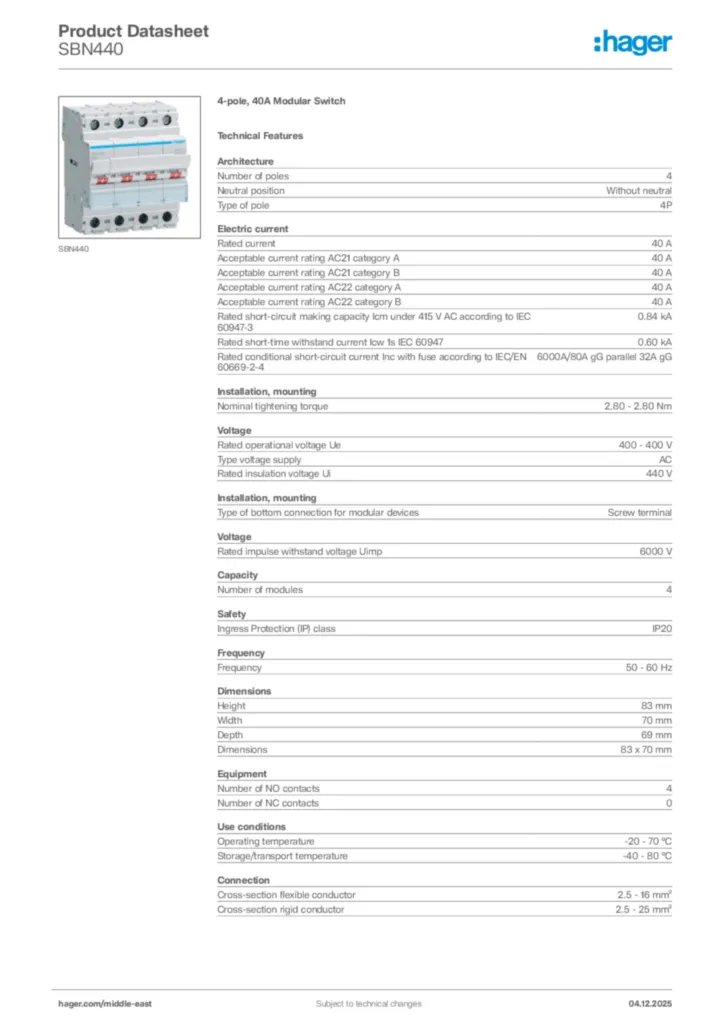 Image Hager Product data sheet SBN440  | Hager