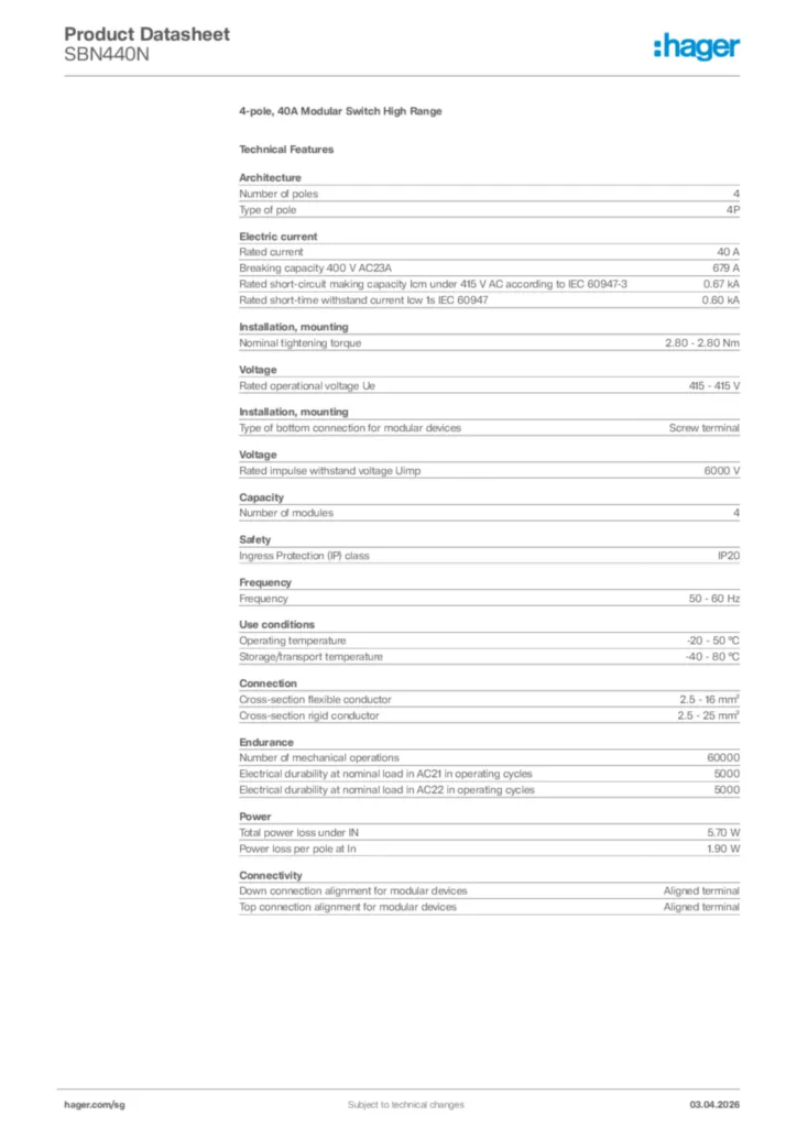 Image Hager Product data sheet SBN440N  | Hager