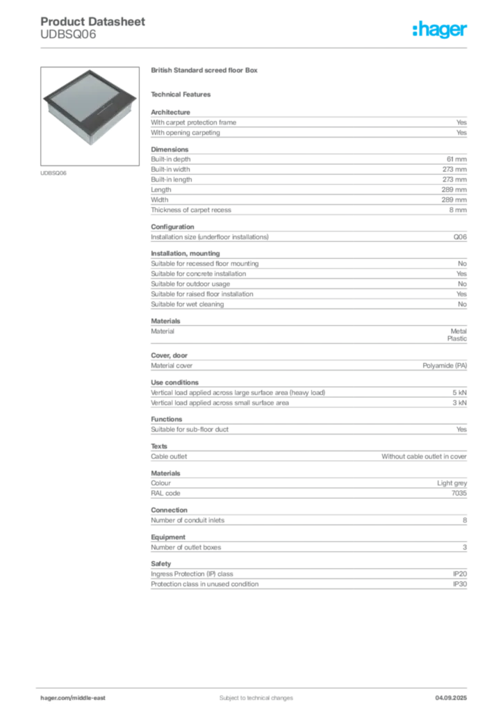 Image Hager Product data sheet UDBSQ06  | Hager