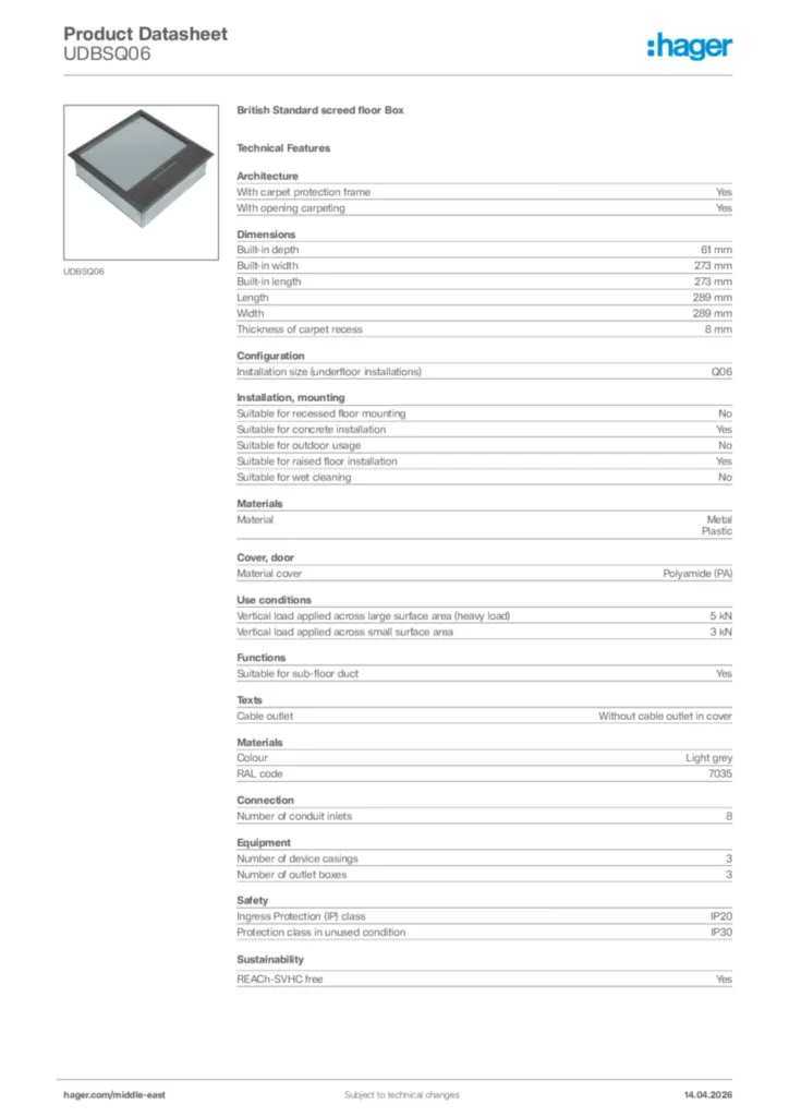 Image Hager Product data sheet UDBSQ06  | Hager