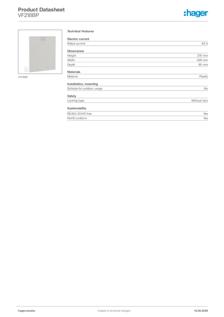 Image Hager Product data sheet VF218BP  | Hager Australia