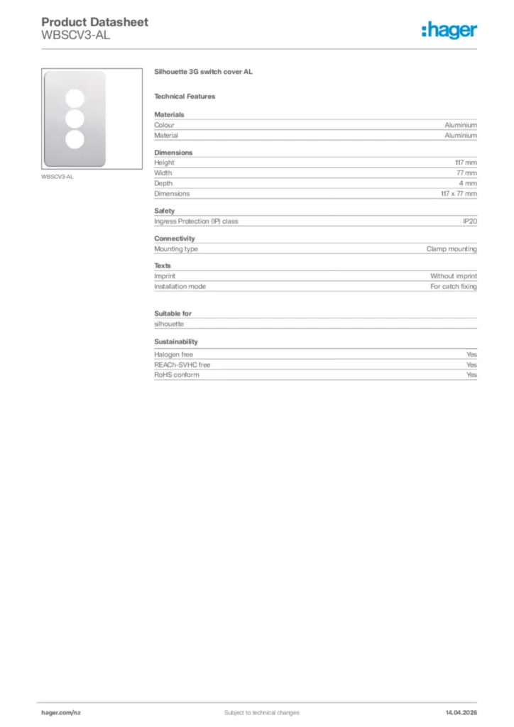 Image Hager Product data sheet WBSCV3-AL  | Hager New Zealand