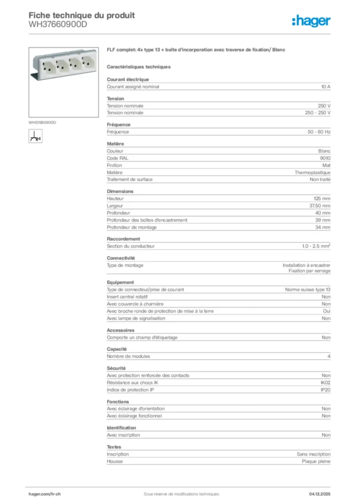 Image Hager Fiche technique du produit WH37660900D | Hager Suisse