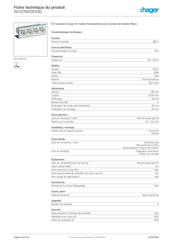 Image Hager Fiche technique du produit WH37660900D | Hager Suisse