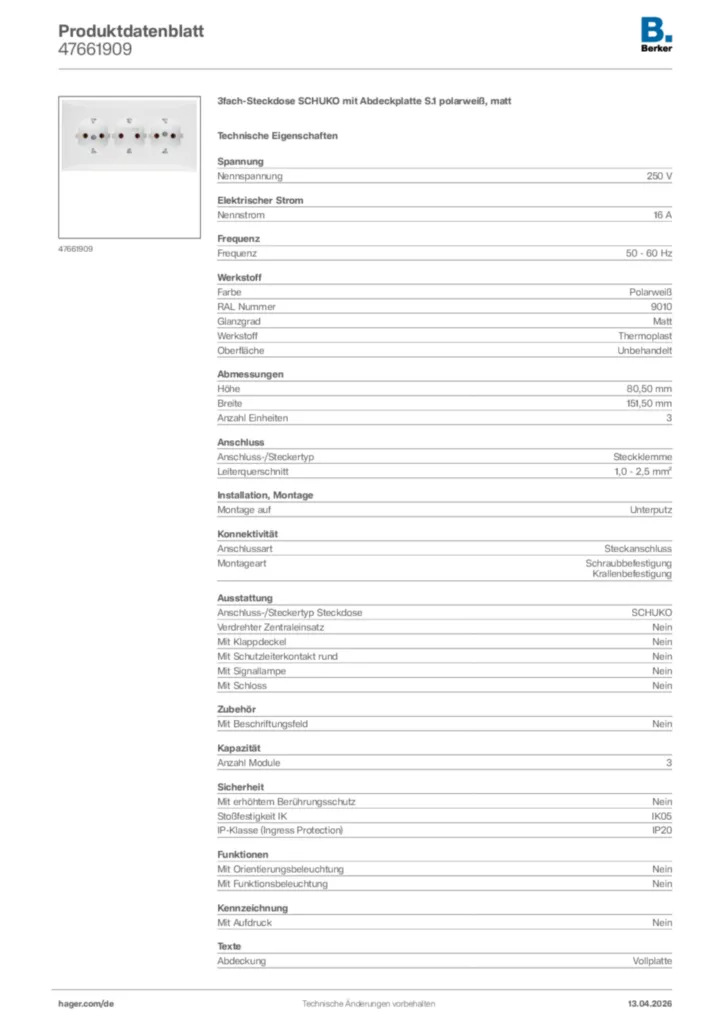 Bild Berker Produktdatenblatt 47661909 | Hager Deutschland